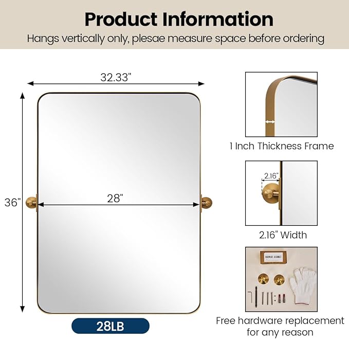 MOON MIRROR Gold Brass Pivot Rounded Rectangle Bathroom Mirror, Brushed Gold - Image 3