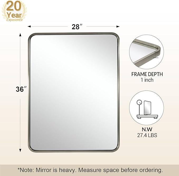 ANDY STAR 28x36 INCH Brushed Nickel Mirror, Rounded Rectangle Brushed Silver - Image 2