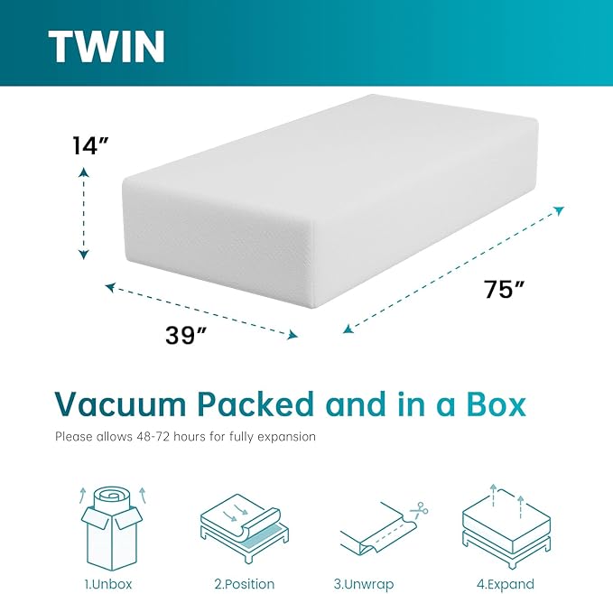 FDW | 14 Inch Twin Mattress | Medium Firm | Gel Memory Foam Mattress | White | - Image 2
