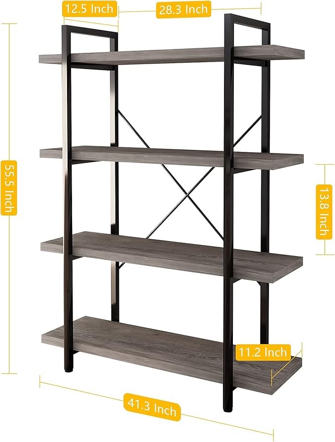 45MinST 4-Tier Vintage Industrial Style Bookcase/Metal and Wood Bookshelf - Image 3