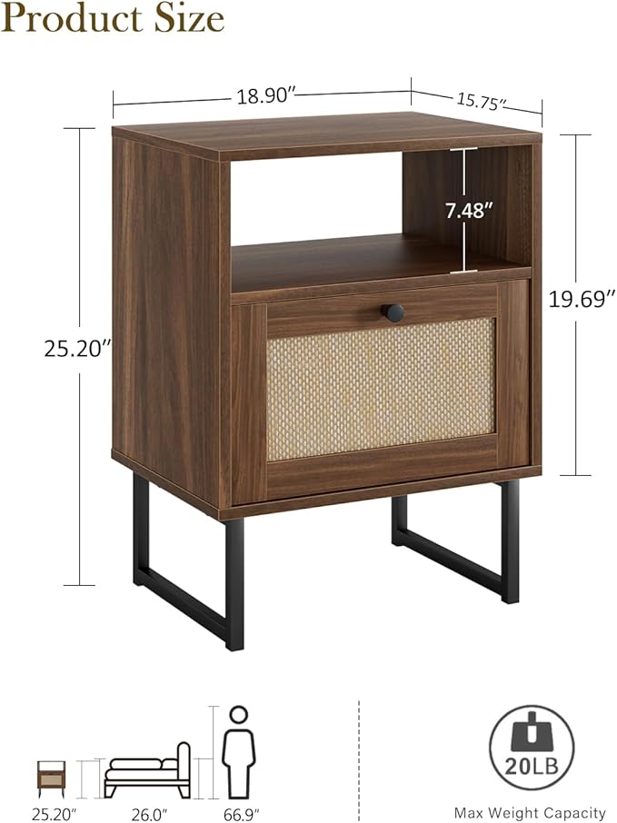 Rattan Nightstand, Mid Century Modern Night Stand, Boho Farmhouse Wood Bedside - Image 2