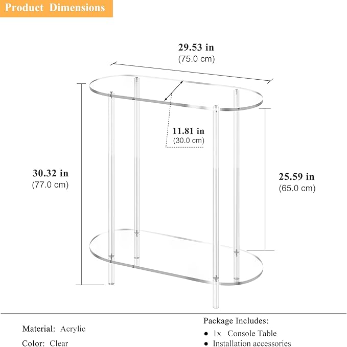 Acrylic Console Table, 2-Tier Oval Frame Sofa Table, 29.53" Small Modern - Image 3