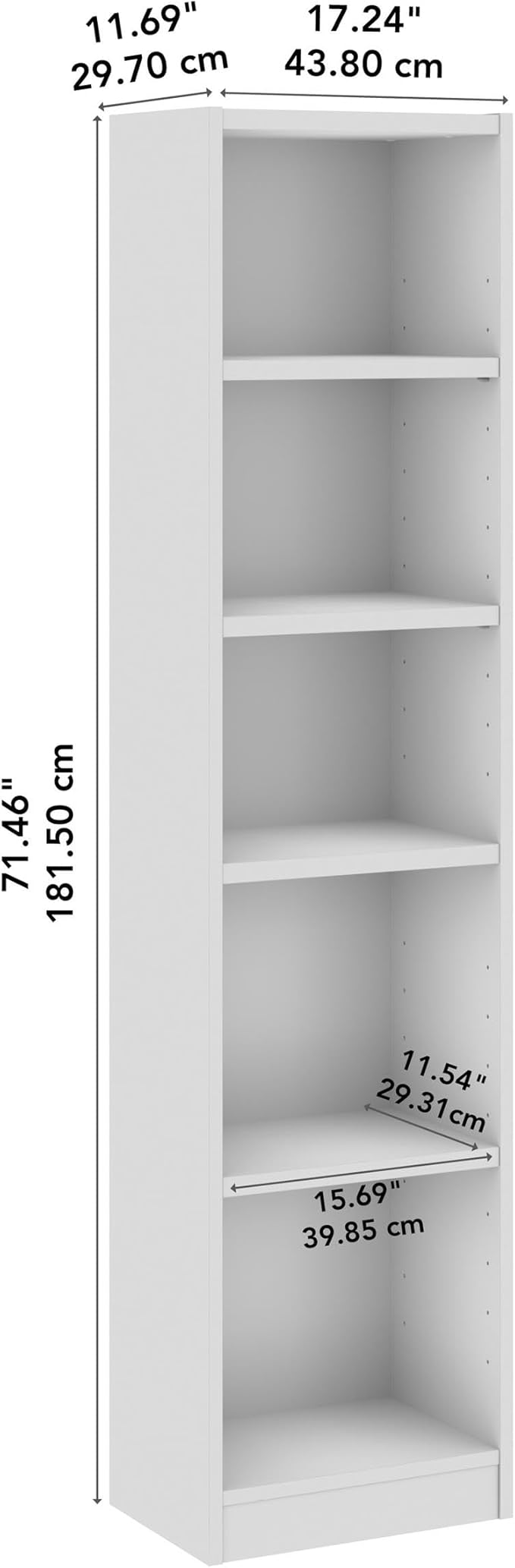 Bush Furniture Universal 17W Narrow 5 Shelf Bookcase in White, Tall Skinny - Image 3