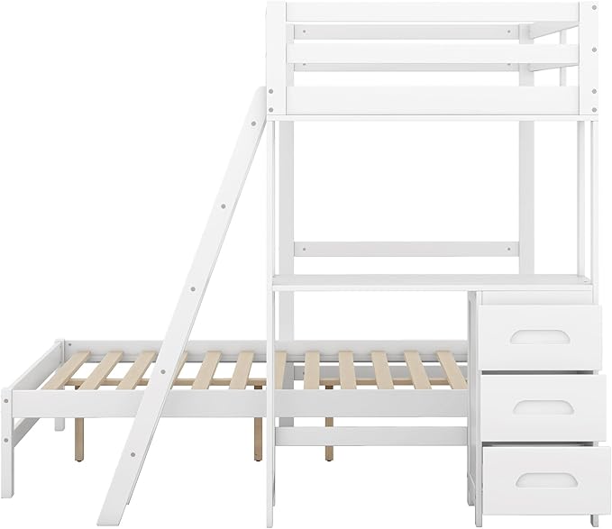 Twin Over Full Bunk Bed with Built-in Desk and Three Drawers, Pine Wood - Image 5