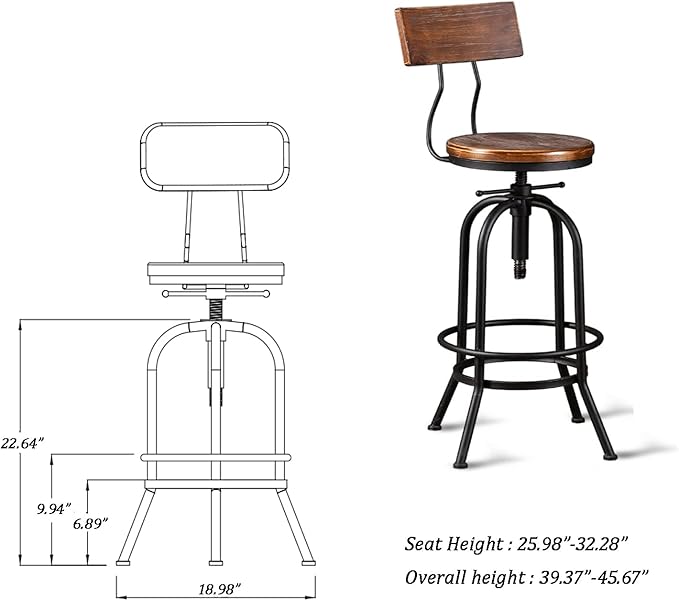 Diwhy Industrial Bar Stool-26-32 Inch Adjustable Swivel Metal Wood Seat Stool - Image 3