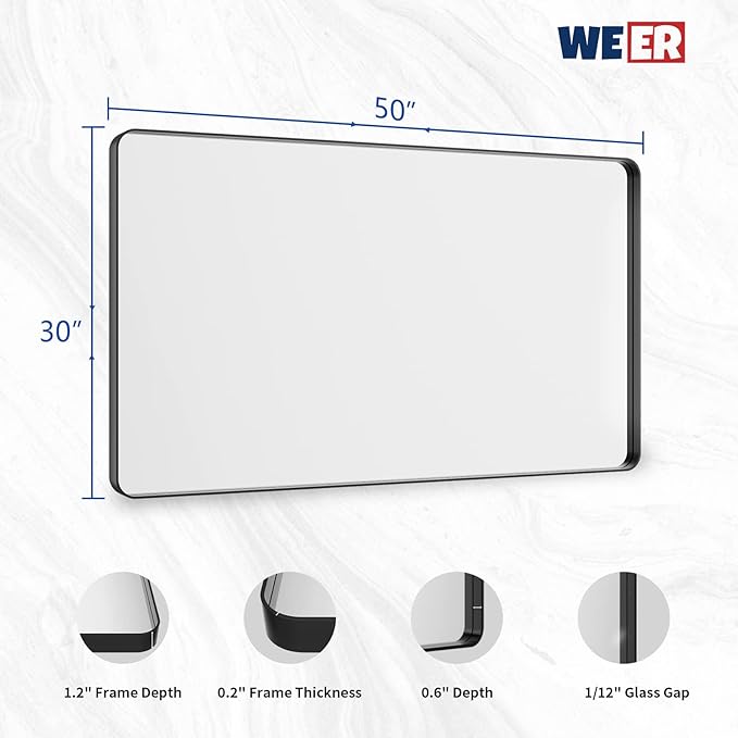 WEER 50X30 Inch Black Metal Framed Bathroom Mirror, Rounded Rectangular Matte - Image 6