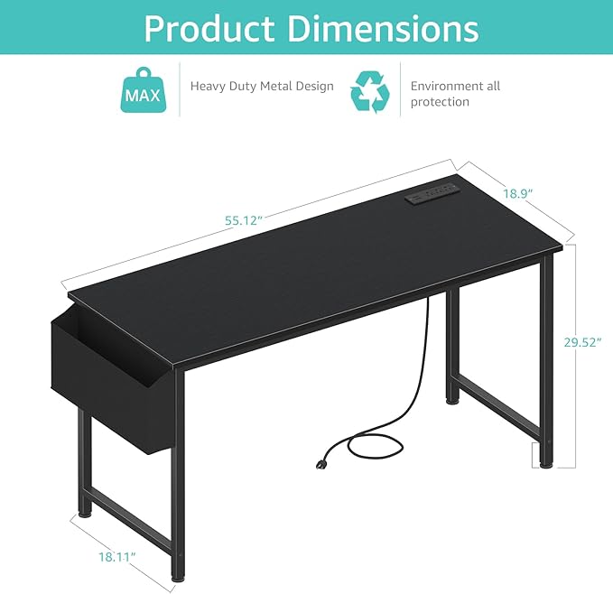 Lufeiya Gaming Desk with Power Outlet, 55 inch Teen Study Table Home Office - Image 3
