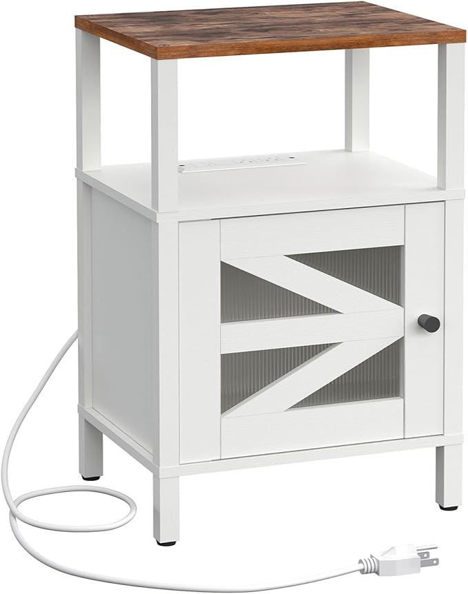 Farmhouse Nightstand with Charging Station, End Table with Storage, Acrylic Door by MAHANCRIS