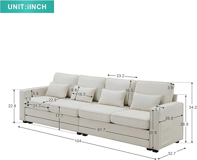 104" 4-Seater Modern Linen Fabric Sofa - Image 2