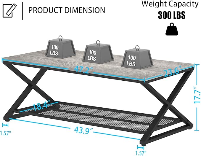 LVB Gray Coffee Table, Farmhouse Wood Metal Center Table - Image 2