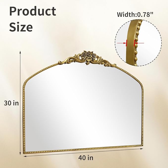 AIXI HOME Vintage Gold Arched Mirror 40"X30", Antique Baroque Mantel Mirror - Image 3