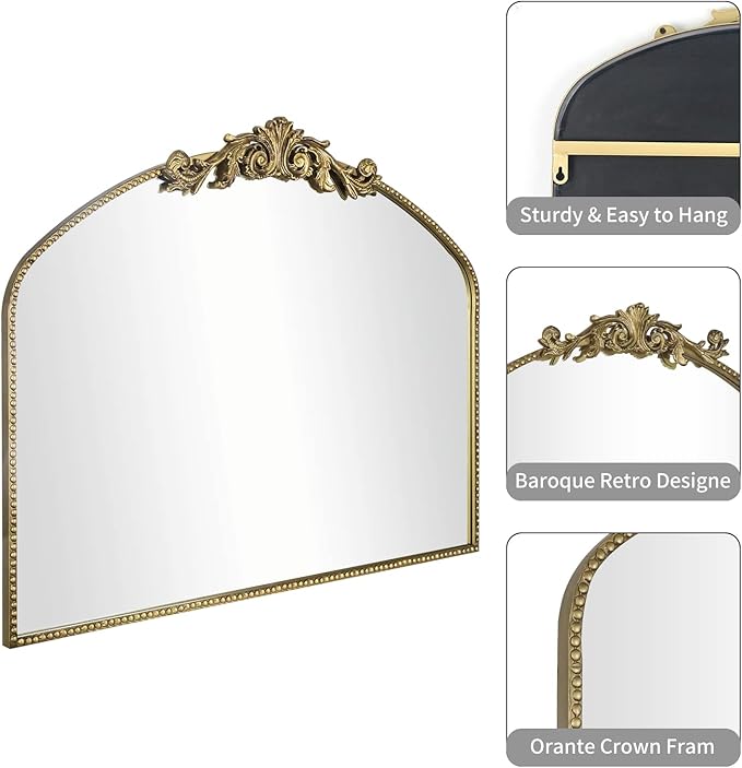 AIXI HOME Vintage Gold Arched Mirror 40"X31", Antique Baroque Mantel Wall Mirror - Image 4