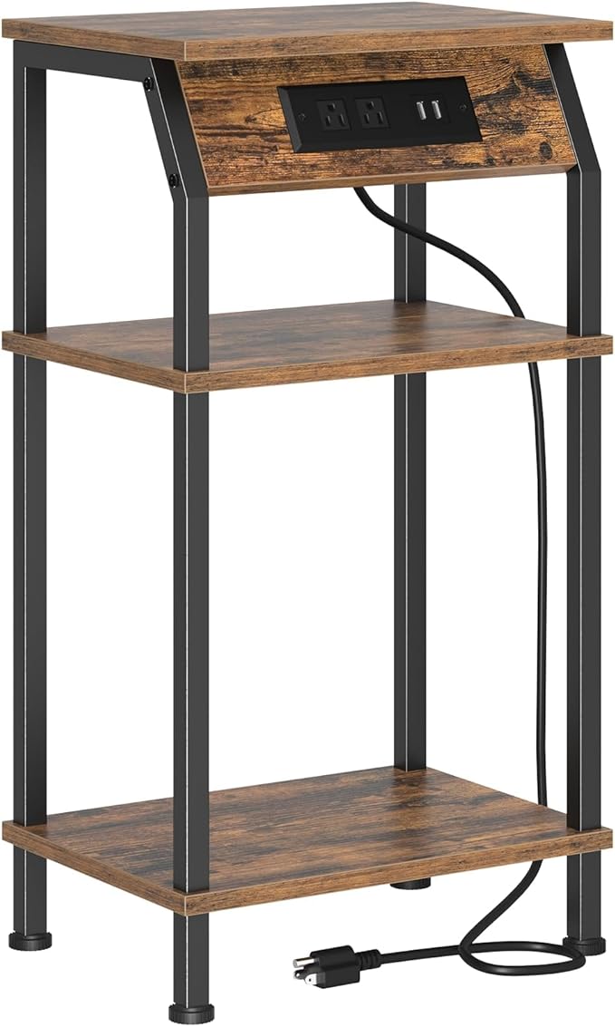 Tall Side Table with Storage, 3-Tier Small End Table with Charging Station by Cresohom