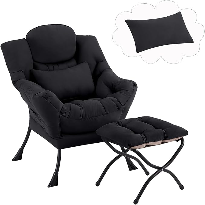 Lazy Chair with Ottoman, Comfy Fabric Accent Lounge Arm Chair with Lumbar by Furlide