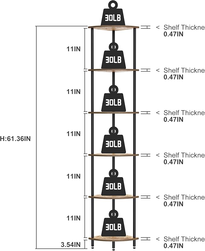 6 Tier Corner Shelf, Bookcase for Small Spaces, Corner Display Shelf, Plant - Image 2