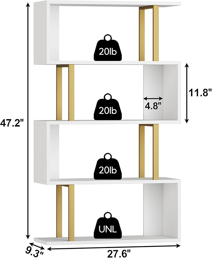 Yusong Geometric Bookcase, S Shaped Bookshelf 4-Tier Book Shelves - Image 3