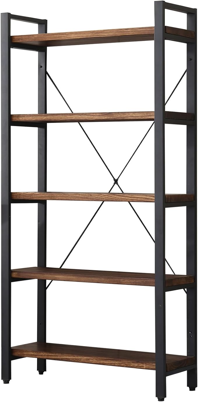 5 Tier Bookcase, Solid Wood Bookshelf Rustic Vintage Industrial Etagere Bookcase - Image 7