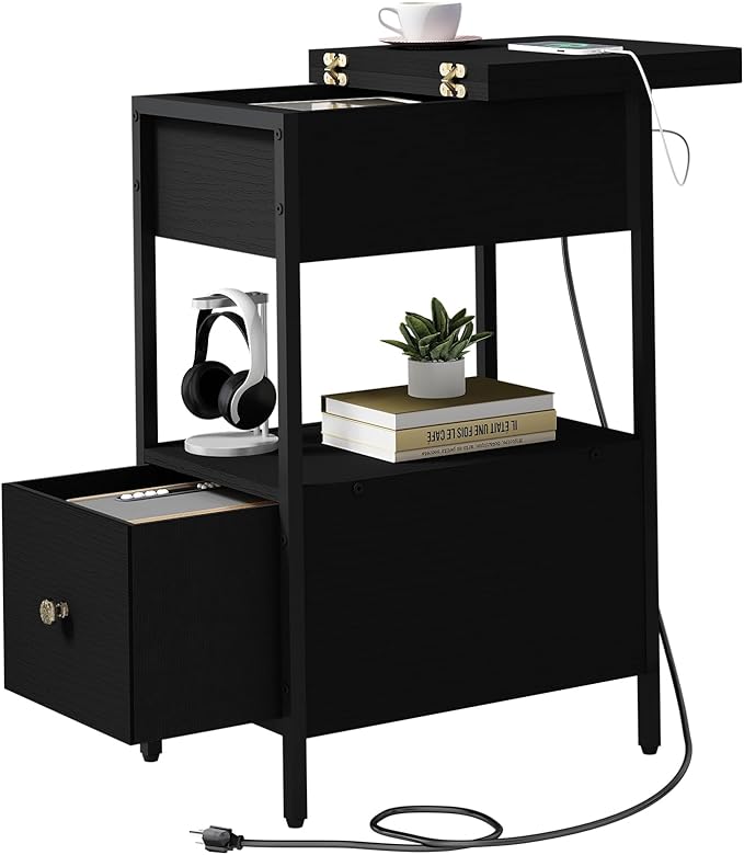 SOOWERY End Table with Charging Station, Narrow Side Table with Flip Top by SOOWERY
