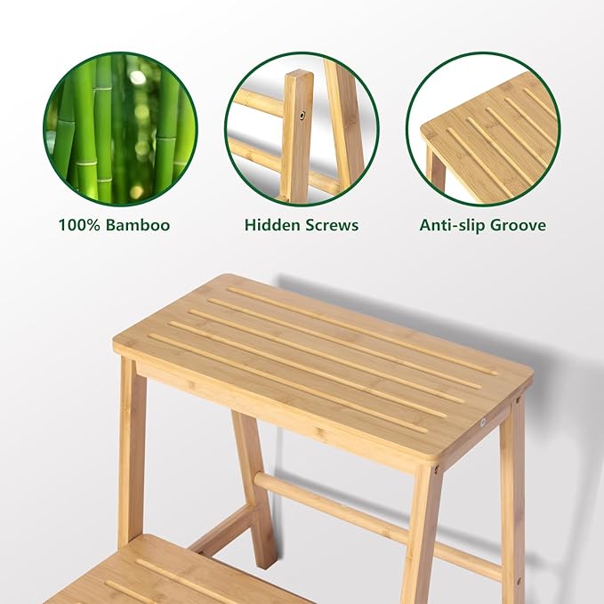 Bamboo Folding Climbing Step Stool, 2 Step Ladder Multi-Functional Stair Chair - Image 4