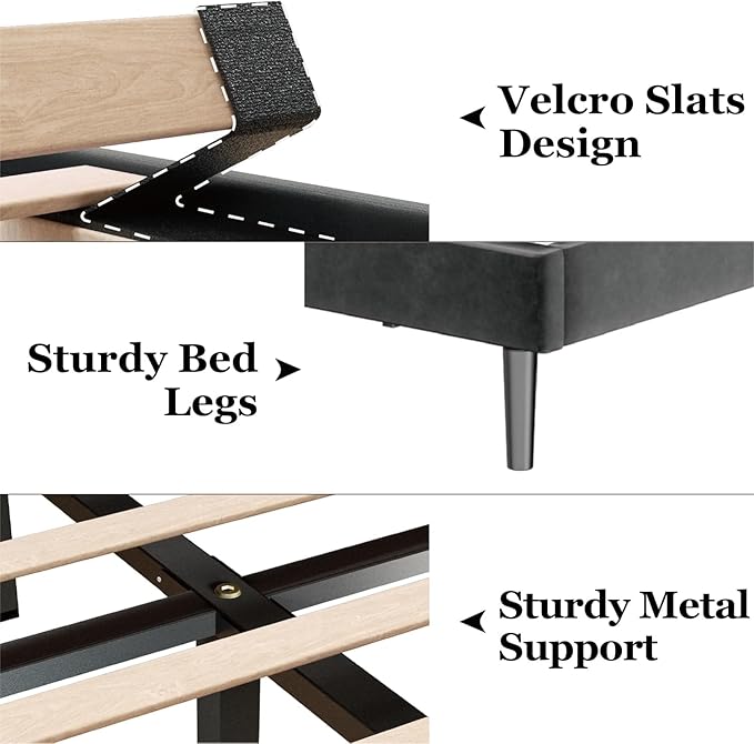 King Size Bed Frame with Velvet Upholstered Headboard, Platform Bed with Strong - Image 5