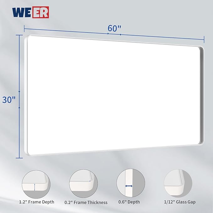 WEER White Bathroom Mirror 60X30 Inch, Rounded Rectangle White Metal Frame - Image 6