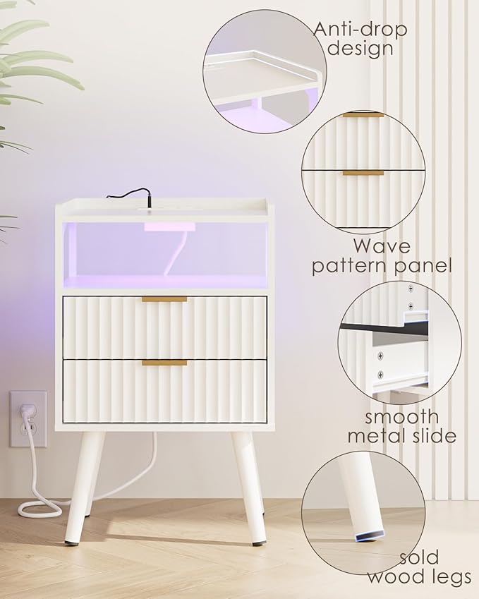 Nightstand with Charging Station and LED Lights, Modern Bedside Table with - Image 6