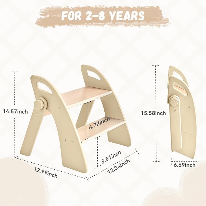 Wooden 2 Step Stool for Kids Bathroom Sink Foldable Anti-Slip 2-Step for Toilet - Image 3