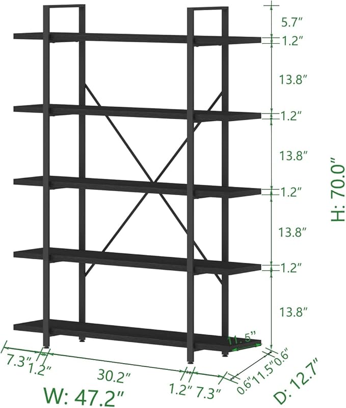 HSH 5 Tier Tall Black Bookshelf, Wood and Metal Storage Book Rack, Industrial - Image 2
