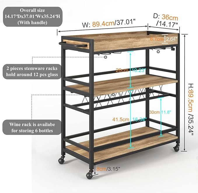 BON AUGURE Bar Cart for The Home, Bar Serving Carts on Wheels, 3 Tier Storage - Image 2