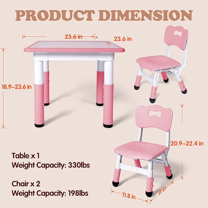 Kids Table and 2 Chairs Set, Height Adjustable Toddler Study Table and Chair Set - Image 5