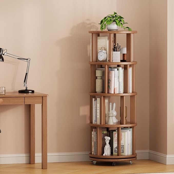 Solid Wood Rotating Bookshelf on Wheels, 4 Tier, Round Revolving Bookcase - Image 9