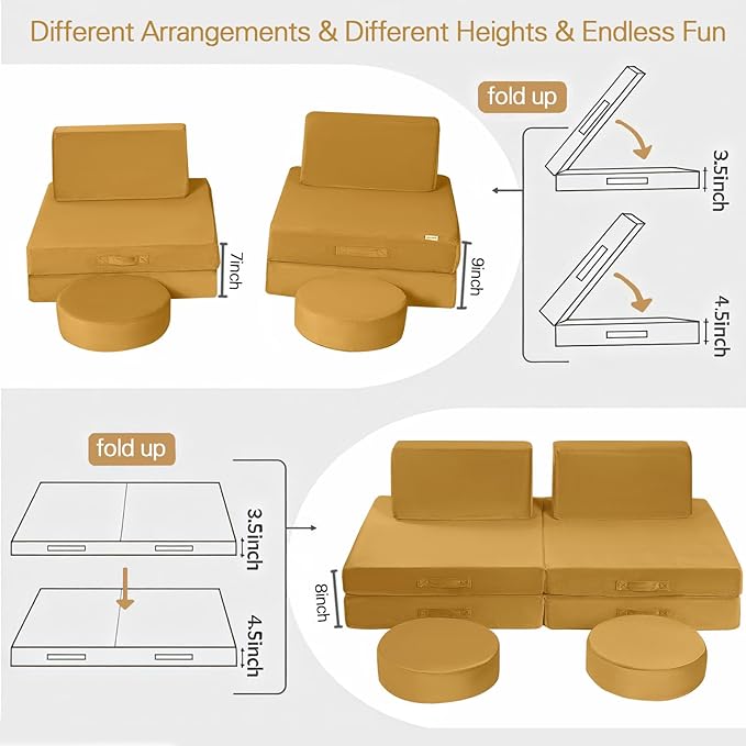 MeMoreCool Modular Kids Couch Sofa, Mustard 8-Piece Convertible Foam Play Couch - Image 3