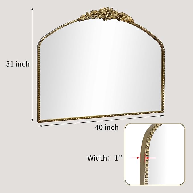 Vintage Gold Arched Mirror 40"X30", Antique Baroque Mantel Mirror - Image 5