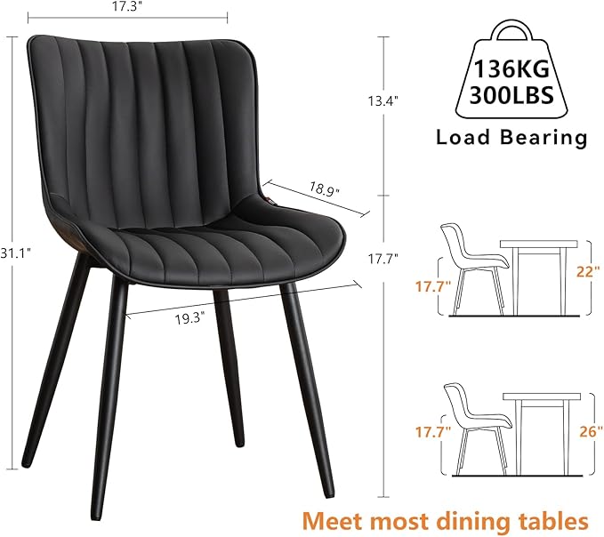 YOUNUOKE Black Dining Chairs Set of 2, Mid-Century Modern Faux Leather - Image 2