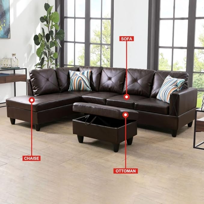 Brown L-Shaped 3-Piece Faux Leather Sofa - Image 4