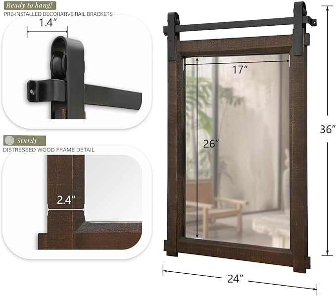 Rustic Barn Door Mirror: 24"x36" Brown Farmhouse Wood Frame - Image 6
