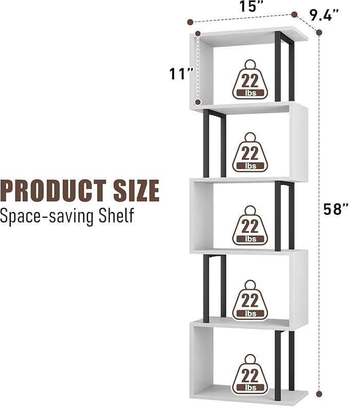 Gadroad 5-Tier Bookshelf, Narrow S-Shaped Geometric Bookcase, Wood Decorative - Image 5