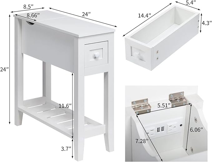 White End Table with Movable Top and Charging Station, Narrow Side Table with - Image 3