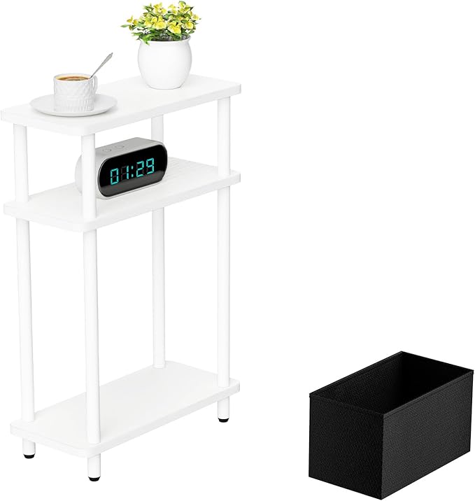 Narrow Side Table with Fabric Basket, 3 Tier Skinny End Table with Wood Legs by THUMEYE