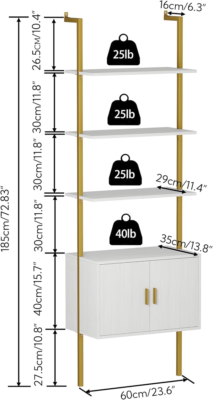 Yusong 73" Tall Bookshelf with Cabinet, Industrial Ladder Wall Mount Shelf - Image 2