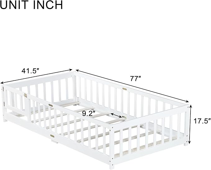 Twin Floor Bed Frame with Slats and Safety Guardrail, Wood Twin Size Montessori - Image 3