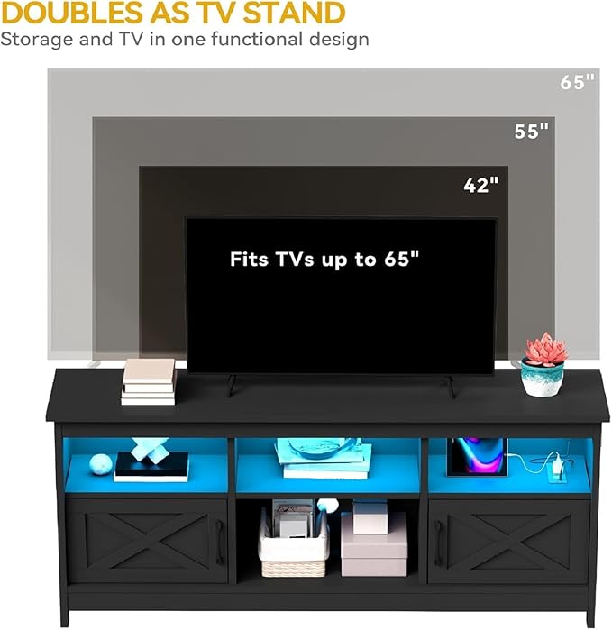 DWVO Black TV Stand for 65 Inch TV, Entertainment Centre, TV Cabinet - Image 6