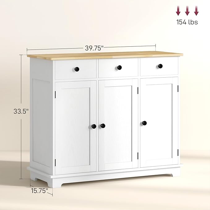 HOMCOM Sideboard with Solid Wood Countertop, Modern Kitchen Storage Cabinet - Image 3