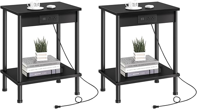 End Table with Charging Station, Small Side Table, 2-Tier Nightstand with by YUFAM