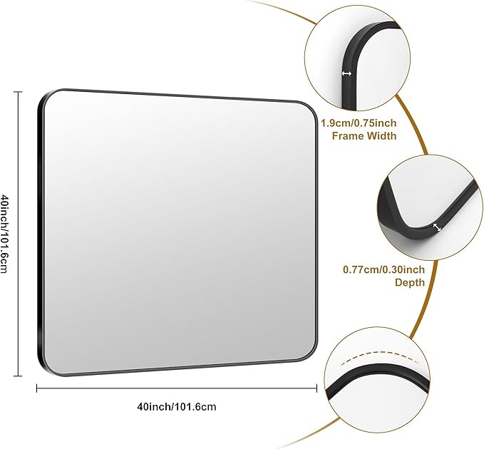 KOCUUY Black Bathroom Mirror 40"x40", Large Square Vanity Mirror - Image 8
