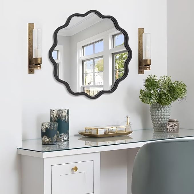 PROHOMEWARE Black Round Mirror 20 Inch Wavy Bathroom Vanity Mirror Black Frame - Image 7