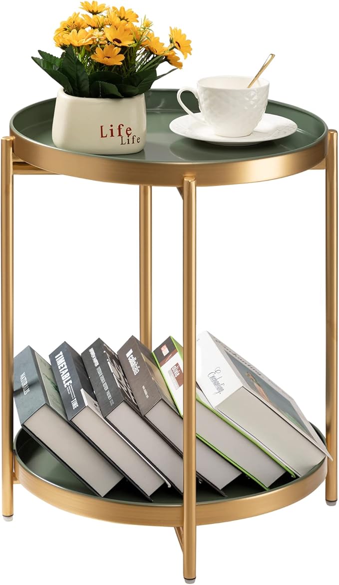 TeoKJ 2 Tier Gold Side Table, Folding Round Metal End Table Small Nightstand by TeoKJ