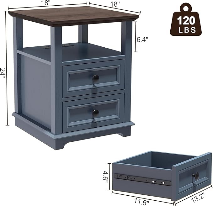 End Table with Fast USB C Charging Station, Large Storage Rustic Wood Square - Image 2