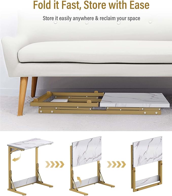 Tatub 24" Folding TV Tray Table, Marble C Shaped End Table - Image 6
