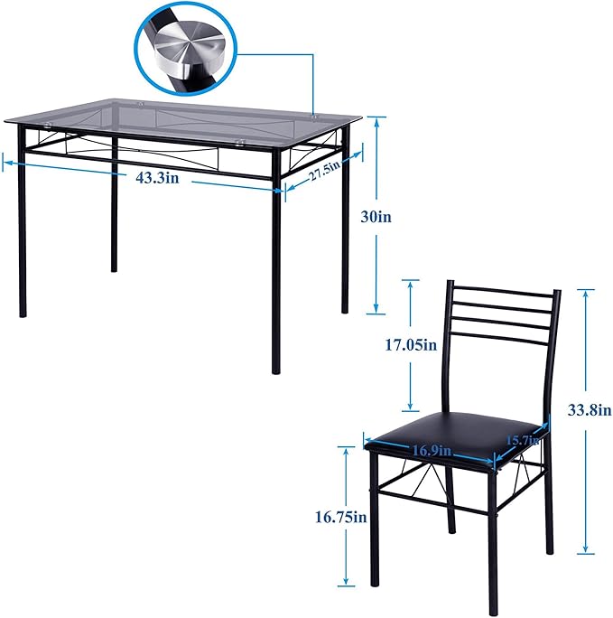 VECELO 5-Piece Kitchen Dining Table Set, Glasses Tabletop & Heavy-Duty Metel - Image 7